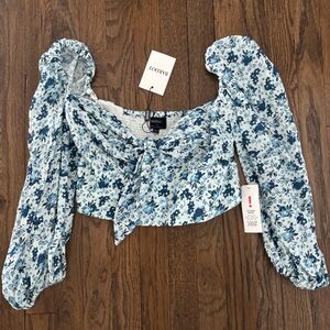 Bardot Blue Floral Puff Sleeve Blouse